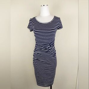 Isabel Maternity Navy Blue and White Striped Dress | Ruched Sides | X Small
